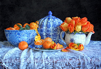 Tangerines and Roses, bowle, still life, tangerines, roses, texture, teapot HD wallpaper