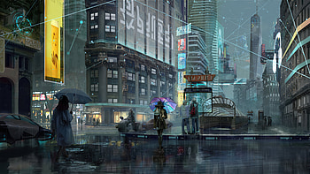 Rainy Day In Cyber City, cyberpunk, scifi, artist, artwork, digital-art, artstation HD wallpaper