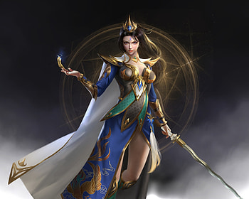 Fantasy girl, blue, sword, fantasy, yuan a, girl HD wallpaper