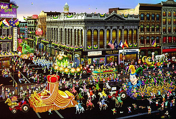 Mardi Gras in New Orleans, artwork, buildings, painting, parade, street, people HD wallpaper