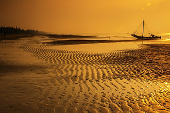 Beach, Boat, Waves, Sunset, Sky HD wallpaper