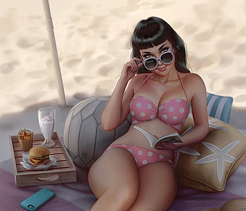 Bettie, umbrella, art, parasol, girl, beach, summer, pink, swimsuit, fantasy, sunglasses, warren louw, luminos, vara HD wallpaper