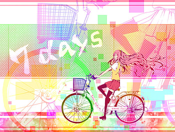 Megurine Luka, skirt, colorful, luka, thigh highs, 7 days, basket, wind, pink, rainbow, bike, megurine, ride, hair, long HD wallpaper