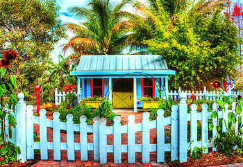 Tropical Garden, flowers, cabin, palm trees, fence HD wallpaper