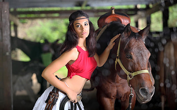 Cowgirl with horse, lady, horse, cowgirl, brunette, beautiful HD wallpaper