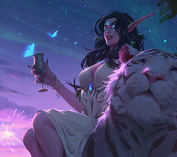 Year of the Tiger, night, blue, white, tiger, chinese, girl, elf, dark, purple, fantasy, zodiac, tigru, luminos, herbie wang HD wallpaper