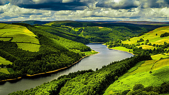 Landscape's charm, Green hills majesty, Cloudy sky backdrop, High-definition HD wallpaper