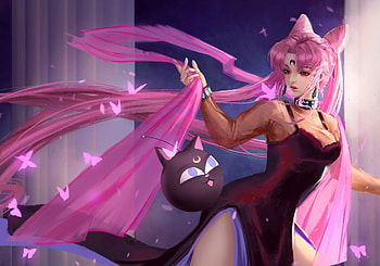Black lady, black, chibiusa, girl, cat, dark lady, pink, fantasy, anime, duidui, sailor moon, luna, dui dui, manga HD wallpaper