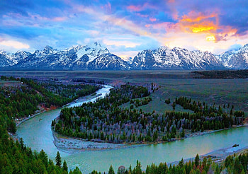 Snake River, Wyoming, river, snowy peaks, , beautiful, sunrise, valley, clouds, sky, mountains, water, forest, bend HD wallpaper