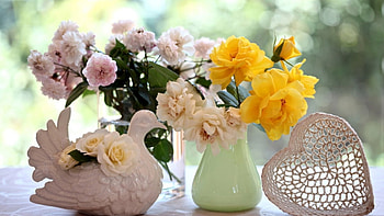 Flowers in a Vase, vase, flowers, heart, dove HD wallpaper