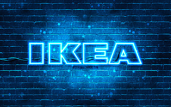 IKEA blue logo, , blue brickwall, IKEA logo, brands, IKEA neon logo, IKEA HD wallpaper