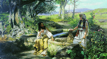 Jesus Christ and the Samaritan woman, painting, art, pictura, man, samaritan, jesus christ, woman HD wallpaper