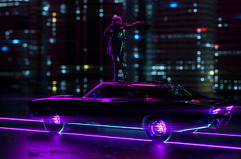 Girl standing on car, light trails, neon, city HD wallpaper