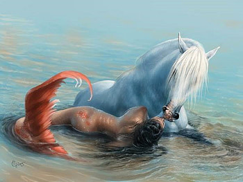 Friends, horse, mermaid, digital, fantasy, art, , beautiful HD wallpaper