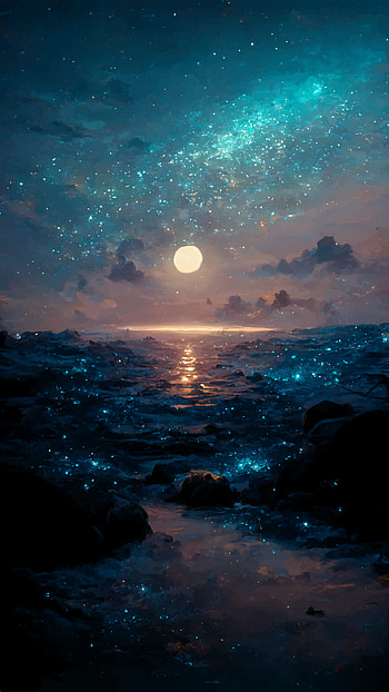 Moon above sci-fi sea, moon, artistic, Digital Art HD phone wallpaper