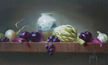 Artichoke's And Plums, garlic, table, grapes, vase, plums, colour, purple, artichoke, onions, still HD wallpaper