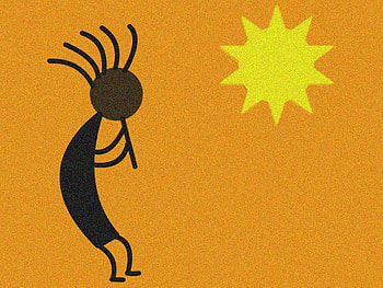 Kokopelli 2, native american, black, flute, music, man, yellow, orange, sun HD wallpaper