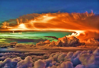 Cloud walking, white, grey green, orange, blue sky, wispy, billowy, clouds, nature, sky, sun HD wallpaper