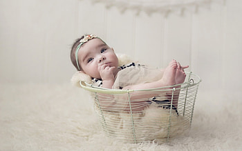 Baby girl, sweet, fur, basket, white, baby, cute, girl, little HD wallpaper