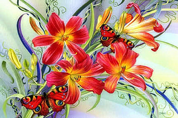 ✫Bright Lilies Waltz✫, colorful, beloved valentines, plants, colors, digital art, spring, butterflies, animals, bright, drawings, butterfly designs, garden, paintings, beautiful, lovely flowers, creative pre-made, love four seasons, flowers, lovely HD wallpaper