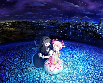 Madoka Magica, night, blue, black, dresses, cute, ladies, beauty, female, sweet, white, art, city, beautiful, purple, pink, anime, pretty, field, light, lights, clouds, sky, girls, flowers, women, lovely HD wallpaper