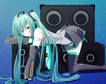 Hatsune Miku, blue, black, cute, vocaloid, bass, beauty, miku, vocaloids, hatsune, thighhighs, sexy, skirt, blue eyes, twintail, hot, blue hair, beautiful, tie, anime, pretty, idol HD wallpaper