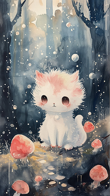Enchanted Forest Kitten, cat, cute cat, mushroom HD phone wallpaper