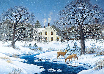 Silent Snow, snow, house, river, winter, painting, trees HD wallpaper