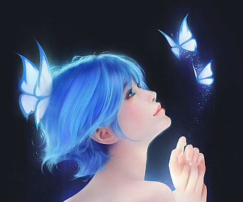 Blue, fantasy, jason lan, butterfly, face, girl, hand HD wallpaper