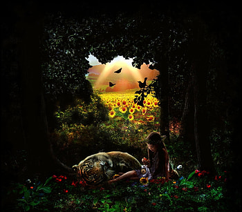 Magic garden, magic, animals, garden, nature, girl HD wallpaper
