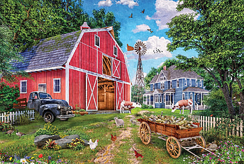 Scenic Barnyard, artwork, poultry, barn, painting, trees, cottage, truck, cart HD wallpaper