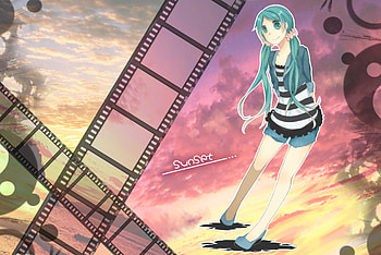 Sunset, colorful, awesome, cute, vocaloid, film, beauty, nice, miku, vocaloids, hatsune, thighhighs, happy, blue eyes, hatsune miku, smile, blue hair, beautiful, anime, pretty, cool, clouds, sky HD wallpaper