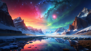 Northern Lights and Planets in Space, Northern Lights, planet, space, mountain, snow, Snowy Mountain HD wallpaper
