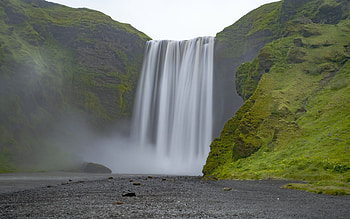Skogafoss, Iceland, river, sky, rocks, cascade, clouds HD wallpaper