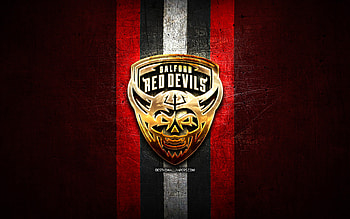 Salford Red Devils, golden logo, SLE, red metal background, english rugby club, Salford Red Devils logo, rugby, Salford Red Devils RLFC HD wallpaper
