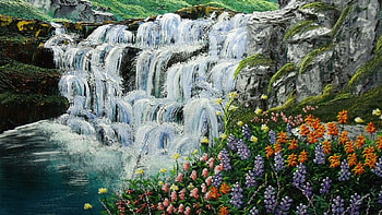 Amazing Waterfall, river, painting, cascades, flowers, water HD wallpaper