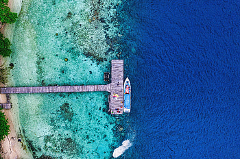 Boat, pier, beach, aerial view HD wallpaper