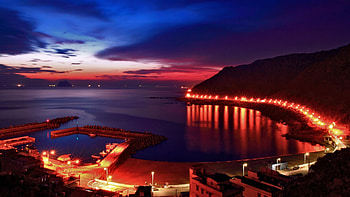 beach, lights, sky, pier, night, city lights HD wallpaper