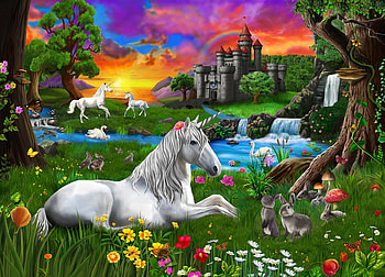 Unicorn's Garden, artwork, horse, animals, flowers, castle HD wallpaper