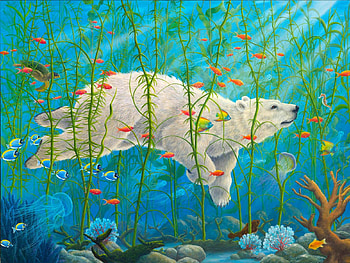 Swimming with the fish, water, vara, urs, art, polar bear, robert bissell, summer, painting, fantasy, pesti, pictura, underwater, fish HD wallpaper