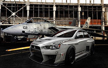 Mitsubishi Lancer and plane, Gray, Lancer, plane, , Mitsubishi HD wallpaper