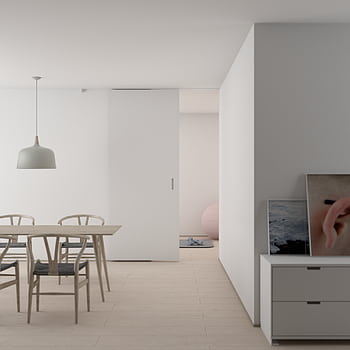 Modern minimalist dining room featuring wooden furniture, soft lighting, and contemporary art. HD phone wallpaper