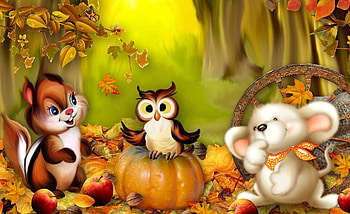 Cute Halloween, halloween, pumpkin, owl, squirrel HD wallpaper