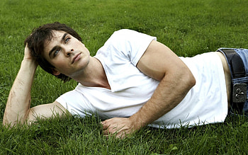 Ian Somerhalder, white, man, green, actor, vampire diaries, grass HD wallpaper