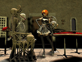 torture chamber, 3d, skeleton, skull, girl HD wallpaper