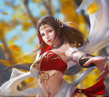 Fantasy girl, luc yen nhi, asian, fantasy, yellow, red, girl, luminos, hand HD wallpaper