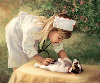 Little Doctor, dog, table, girl, painting HD wallpaper