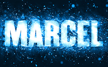 Happy Birtay Marcel, , blue neon lights, Marcel name, creative, Marcel Happy Birtay, Marcel Birtay, popular american male names, with Marcel name, Marcel HD wallpaper