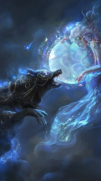 Fantasy Girl, Wolf, Lights, Stars, Magic HD phone wallpaper