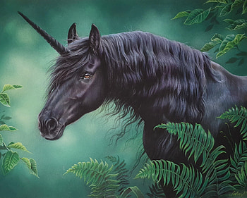 Black unicorn, black, fantasy, art, satu manninen, unicorn, luminos, dark HD wallpaper